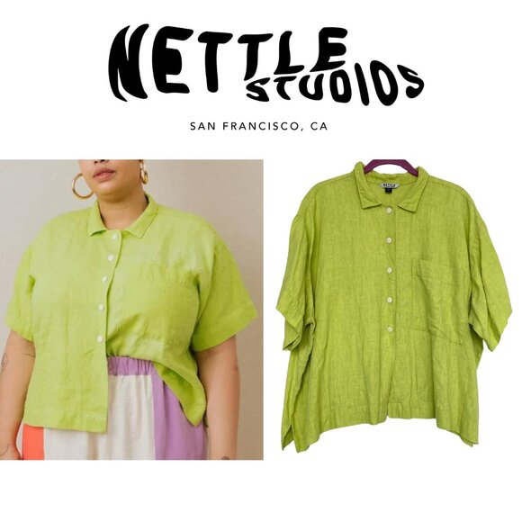 NETTLE STUDIOS Boxy Collared Top in Limeade Green Linen - Slow Fashion - Size OS - Picture 1 of 12